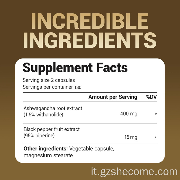 Supplemento delle capsule Ashwagandha per il supporto alla risposta allo stress